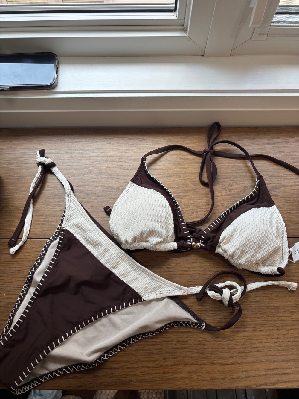 Cupshe Brown and Cream Textured Triangle Bikini Set